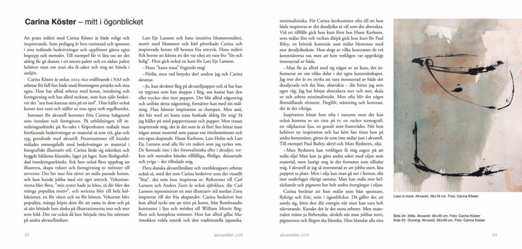 Carina Köster, artikel i Akvarellen nr 2 2024